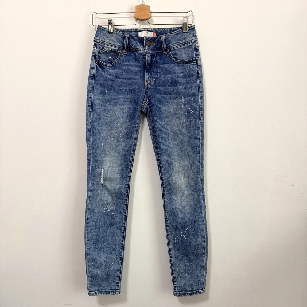 Cabi Cinch Skinny Jeans Size 4 Style 5492 Blue Bleach Spot 27x30 Mid Rise Trendy